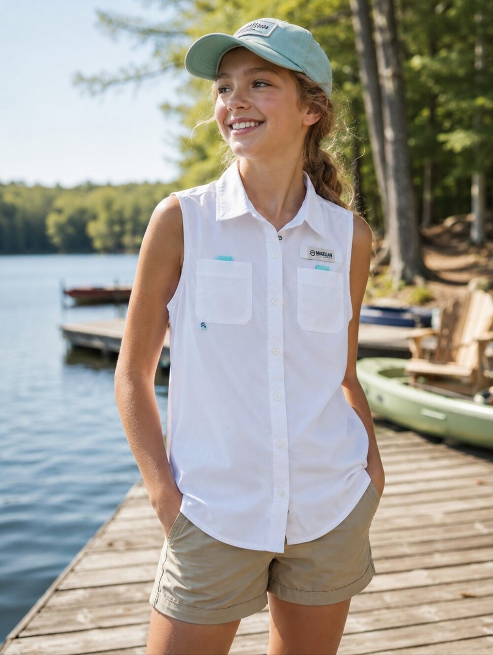 Magellan Girls SPF 50 Sleeveless Hiking Camp Shirt White L 12-14